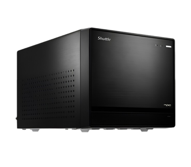 Deze afbeelding toont nog een vooraanzicht van de Shuttle XPC Cube SFF PC die eruitziet als een zwarte rechthoekige doos 