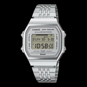 Casio ABL-100WE-7A met een zilveren wijzerplaat en een zilveren kast en armband.