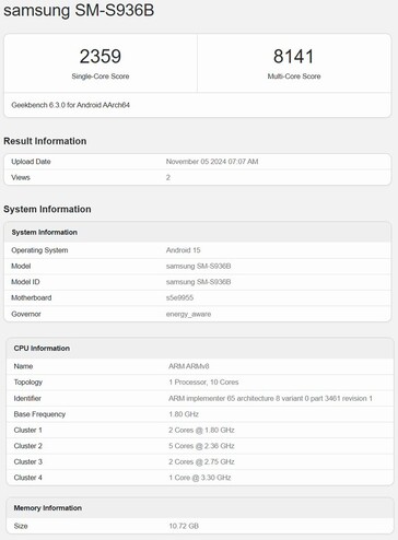 Exynos 2500 Geekbench listing met Galaxy S25+ prototype (bron: Geekbench)