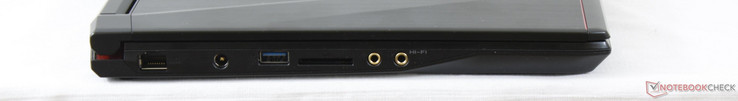 Linkerkant: Gigabit Ethernet, stroomadapter, USB 3.0, SD kaartlezer, 3.5 mm microfoon en koptelefoon