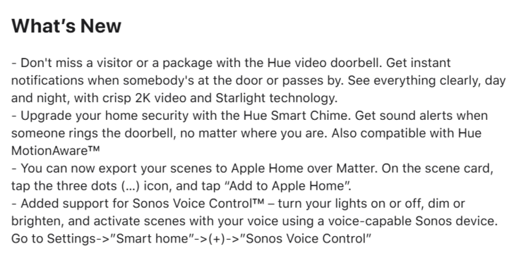De release notes voor Philips Hue app versie 5.52.0. (Afbeeldingsbron: Philips Hue)