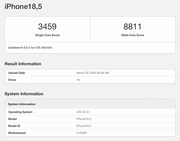 De uitgelekte Geekbench-notering voor de iPhone 17e.