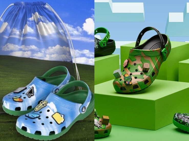Windows xp-thema crocs met gelukzalige koorddraagtas naast Minecraft-editie crocs (Afbeelding bron: Microsoft)