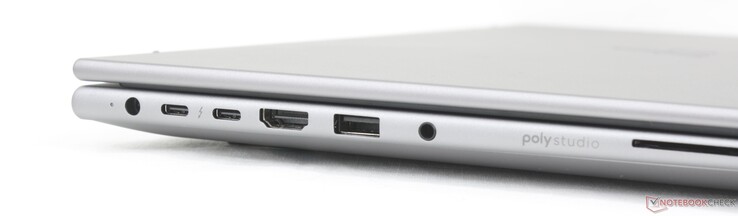 Links: AC voedingsadapter, 2x USB-C Thunderbolt 4 met DisplayPort 2.1 + Power Delivery (40 Gbps), HDMI 2.1, USB-A (5 Gbps), 3,5 mm combo audio, Smartcard-lezer (optioneel)