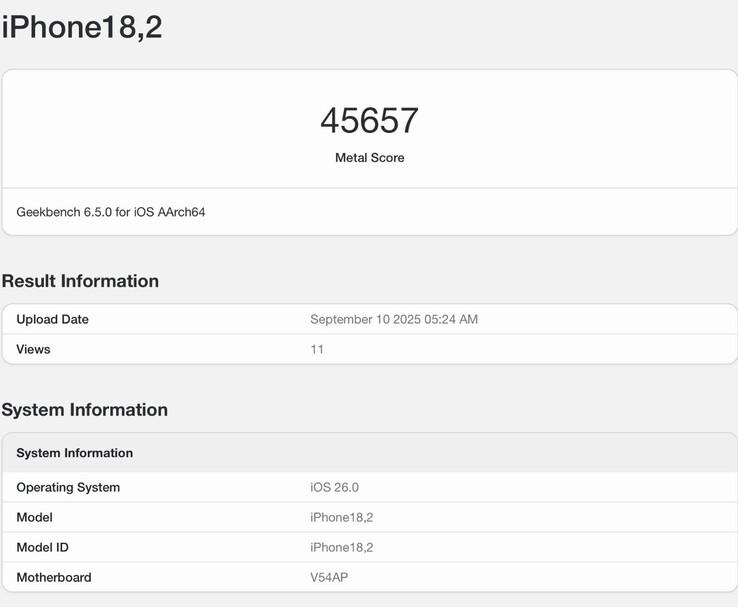 Geekbench 6 screenshot met Apple iPhone 17 Pro met A19 Pro de Metal GPU benchmark (Afbeeldingsbron: @jimmyjames_tech op Twitter)
