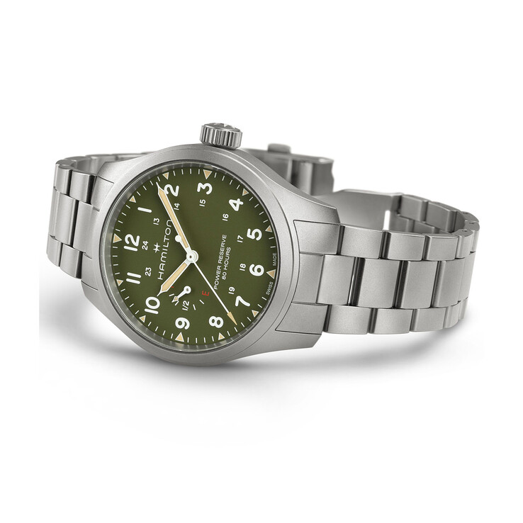 De Hamilton Khaki Field Power Reserve 40 mm met groene wijzerplaat