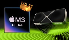De Apple M3 Ultra SoC schittert in de eerste GFXBench-resultaten, waarbij hij het opneemt tegen high-end desktop GPU's van Nvidia en AMD. (Afbeeldingsbron: Apple, Nvidia, bewerkt)