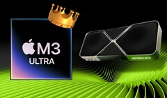 De Apple M3 Ultra SoC schittert in de eerste GFXBench-resultaten, waarbij hij het opneemt tegen high-end desktop GPU&#039;s van Nvidia en AMD. (Afbeeldingsbron: Apple, Nvidia, bewerkt)
