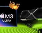 De Apple M3 Ultra SoC schittert in de eerste GFXBench-resultaten, waarbij hij het opneemt tegen high-end desktop GPU's van Nvidia en AMD. (Afbeeldingsbron: Apple, Nvidia, bewerkt)