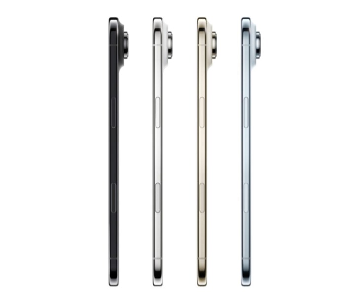 Zijaanzicht van vier Apple iPhone Air-modellen in zwart, wit, goud en blauw (Afb. bron: Apple)