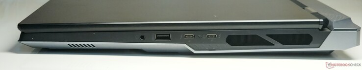 Rechts: 3,5 mm combo audio-aansluiting, USB 3.2 Gen2 Type-A, 2x Thunderbolt 5 (met DisplayPort 2.1-out en Power Delivery 3.1)