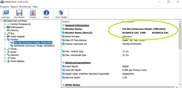 HWiNFO rapport: De laptop beschikt over een CMN14D4 paneel (Beeldbron: Screen grab)