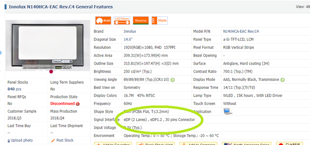 Door te kijken naar de achterkant van het paneel van onze laptop, krijgen we de exacte naam: N140HCA-EAC Rev. C4. Het heeft een 30-pins, 2-kanaals eDP 1.2 ingang volgens Panelook (Beeldbron: Screen grab)