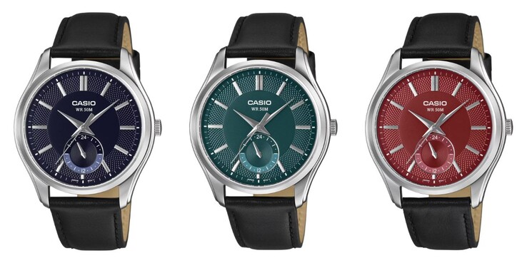 Van links naar rechts: de Casio MTP-B315L-2AV, MTP-B315L-3AV en MTP-B315L-4AV horloges