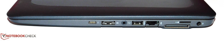 Rechterkant: USB 3.1 Gen 1 Type-C, DisplayPort, SD-kaartlezer, audiopoort, USB  3.0 Type-A, ethernet, docking poort, SIM slot, stroomaansluiting