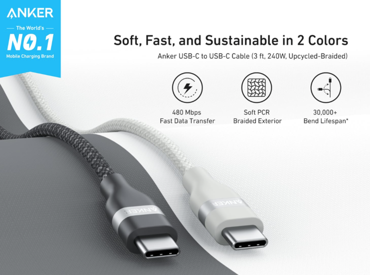 De onlangs gelanceerde Anker USB-C naar USB-C kabel (240W, Upcycled gevlochten). (Afbeeldingsbron: Anker)