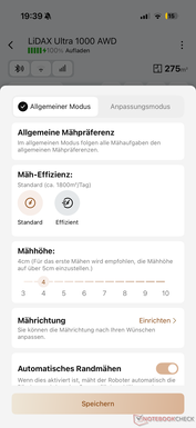 Maai-instellingen in de Mova-app