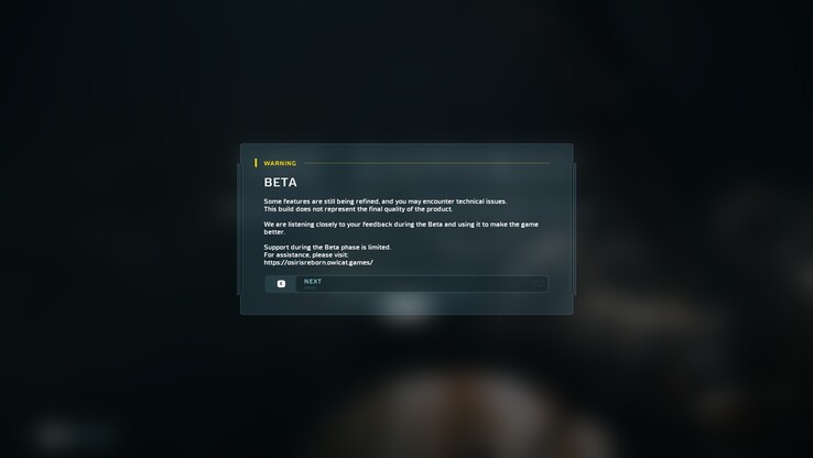 Het bèta-waarschuwingsscherm bevestigt dat dit een build in ontwikkeling is die niet de uiteindelijke kwaliteit van het spel weergeeft. 