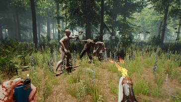 Een afbeelding waarop een gevecht in The Forest te zien is.
