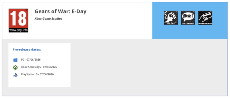 Gears of War: E-Day classificatie op PEGI website.