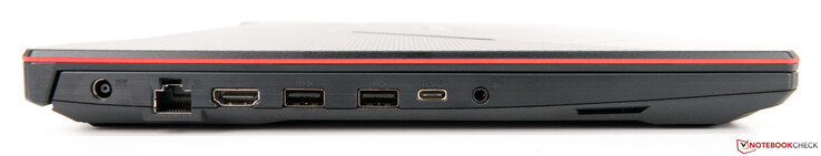 Linkerkant: stroomadapter, HDMI 2.0b, RJ45, 2x Type-A USB 3.2 (Gen 1), Type-C USB 3.2 (Gen 2) met beeldschermondersteuning DP1.4, audiopoort