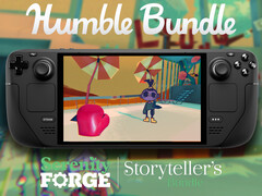 Alle games in de Serenity Forge-collectie kunnen worden gekocht voor een minimumbetaling van $12. Afgebeeld: Steam Deck running Smile For Me (bron: Humble Bundle en Steam - bewerkt)