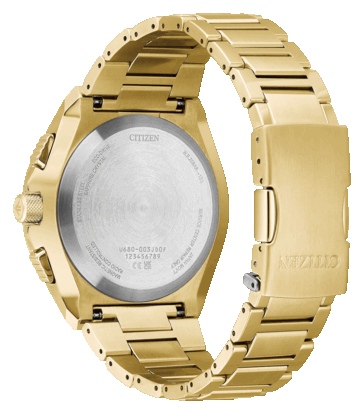 Achterzijde van de Citizen Promaster Skyhawk A-T JY8144-50E, waarop de roestvrijstalen achterkant met de merknamen Promaster en Eco-Drive te zien is.