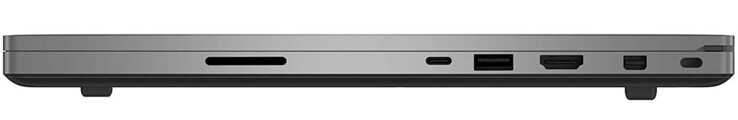 Rechterkant: kaartlezer (SD), Thunderbolt 3, USB 3.2 Gen 1 (Type-A), HDMI, MiniDisplayPort, kabelslot