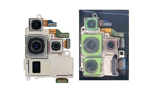 De Samsung Galaxy S23 Ultra cameramodule (links) vergeleken met de uitgelekte afbeelding van de Galaxy S24 Ultra quad-cam.