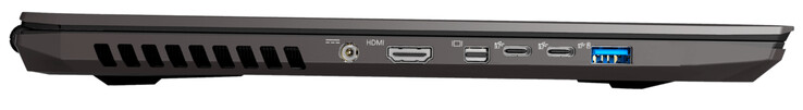 Linkerkant: stroomaansluiting, HDMI 2.0, Mini DisplayPort 1.4 (ondersteunt G-Sync), 2x USB 3.2 Gen 2 (Type C), USB 3.2 Gen 1 (Type A)