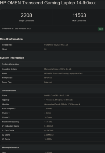 Ultra 5 125H (afbeelding Bron: Geekbench)