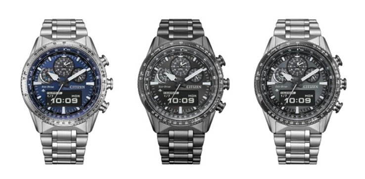 Van links naar rechts: de Citizen Promaster Sky JV2000-51L, JV2005-58E en JV2006-55H. (Afbeeldingsbron: Citizen)