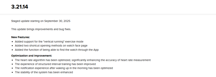 De release notes voor softwareversie 3.21.14 voor de Suunto Run. (Afbeeldingsbron: Suunto)