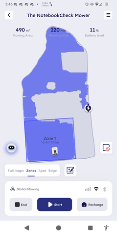 Zone maaien in de voortuin en automatische objectdetectie testen