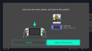 Nintendo Switch-scherm met de vraag "Uitwerpen van het andere systeem en laden op dit systeem?" met de Super Mario 3D World + Bowser's Fury Virtual Game Card weergegeven naast een Switch Lite-pictogram en een OLED Switch-pictogram.