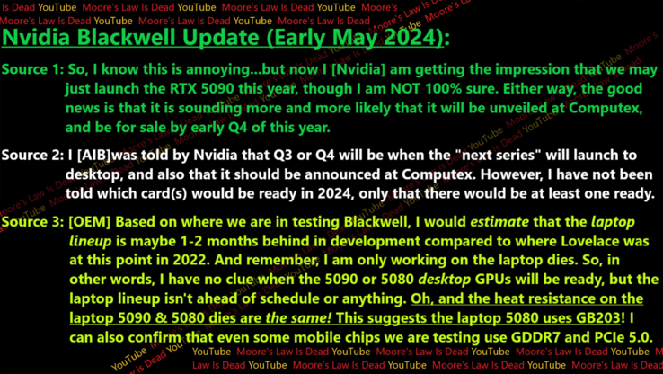Nvidia Blackwell laptop SKU's gerucht (afbeelding via Moore's Law is Dead op YouTube)