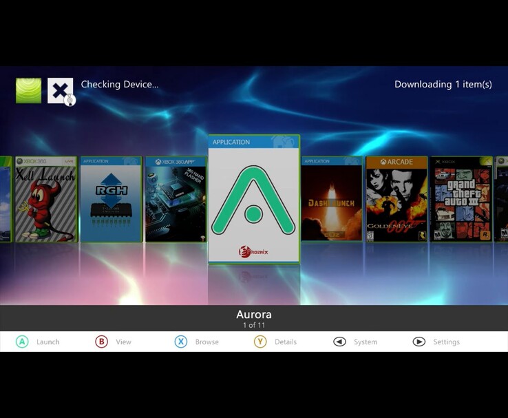 Xbox 360 homebrew-menu waarin het Aurora-dashboardpictogram is geselecteerd, met andere toepassingen en games zoals XeLL Launch, RGH, Dash Launch, GoldenEye 007 en Grand Theft Auto III zichtbaar op de achtergrond. (Afbeeldingsbron: MrMario2011 op YouTube)