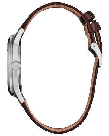 Zijaanzicht van de Citizen Rolan AW2110-14Z, met de roestvrijstalen kast, kroon en leren band.
