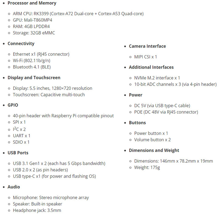 Volledig specificatieblad van de single board computer (Afbeelding bron: UUGear)