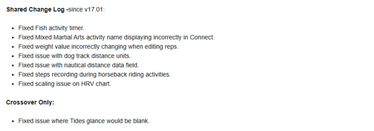 De release notes voor Garmin beta versie 17.03 voor de Instinct 2 smartwatches. (Afbeelding bron: Garmin)