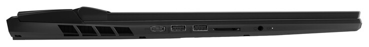 Links: oplaadpoort, 2x USB 3.2 Gen 2 (USB-A), SD-kaartlezer, gecombineerde aansluiting voor microfoon en hoofdtelefoon