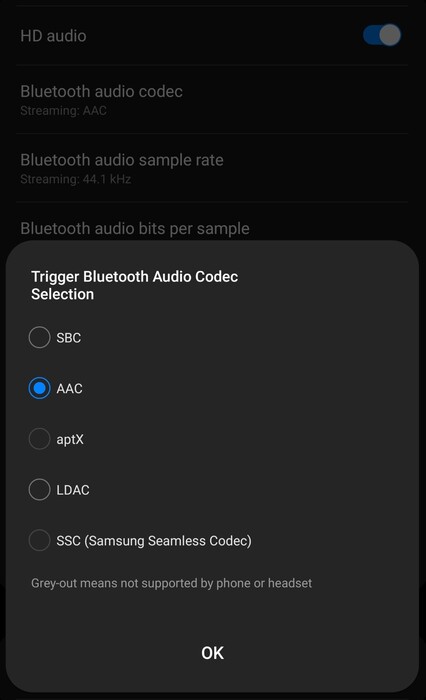 De reeks beschikbare Bluetooth-audiocodecs lijkt ook teleurstellend op de Galaxy S23 Ultra.