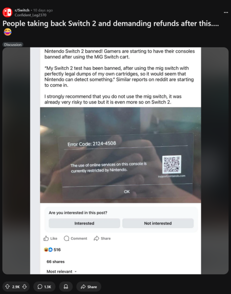 Switch 2 Nintendo Switch Online-verbod voor gebruik van Mig-flashcartridges (Afbeelding bron: Switch subreddit)