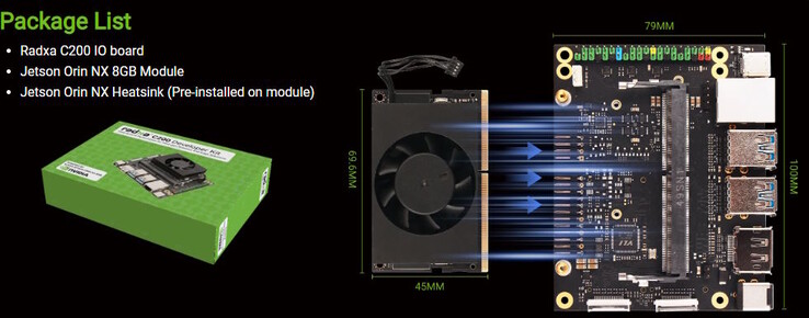 De C200 is in feite een draagkaart met een actief gekoelde Jetson Orin NX 8GB module (Afbeelding bron: Radxa)