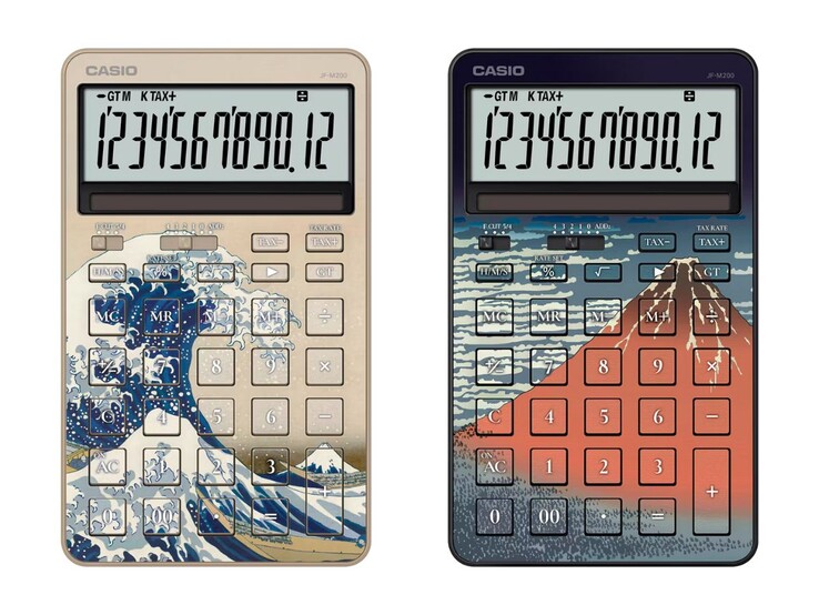 De op Casio Hokusai-geïnspireerde JF-M200-TJ-KHK (links) en JF-M200-TJ-KHG (rechts) rekenmachines. (Afbeeldingsbron: Casio)