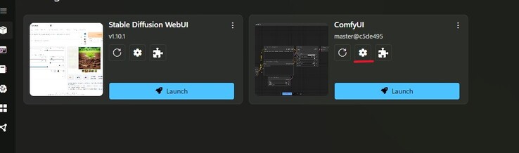 Een screenshot van de pakkethub van Stability Matrix met de instellingen rood gemarkeerd op de ComfyUI-tegel. (Afbeelding Bron: Windows Screen Capture)