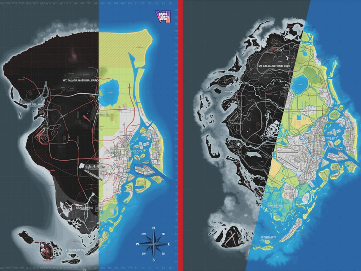 Vergelijking tussen versie 15 (links) en versie 16 (rechts) van de communitykaart van Grand Theft Auto VI.