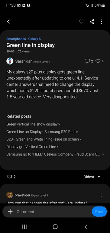 Gebruikers klagen over Galaxy S20 Plus displayproblemen op Samsung Members (afbeelding via eigen)
