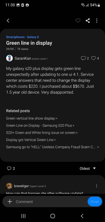 Gebruikers klagen over Galaxy S20 Plus displayproblemen op Samsung Members (afbeelding via eigen)