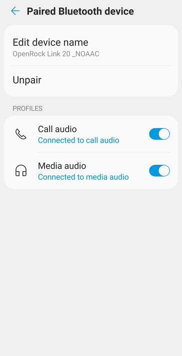 Door '_NOAAC' toe te voegen aan de OpenRock Link 20 naam in de Android Bluetooth instellingen wordt de oortelefoon gedwongen om de SBC audio codec te gebruiken in plaats van AAC. (Afbeeldingsbron: Notebookcheck)